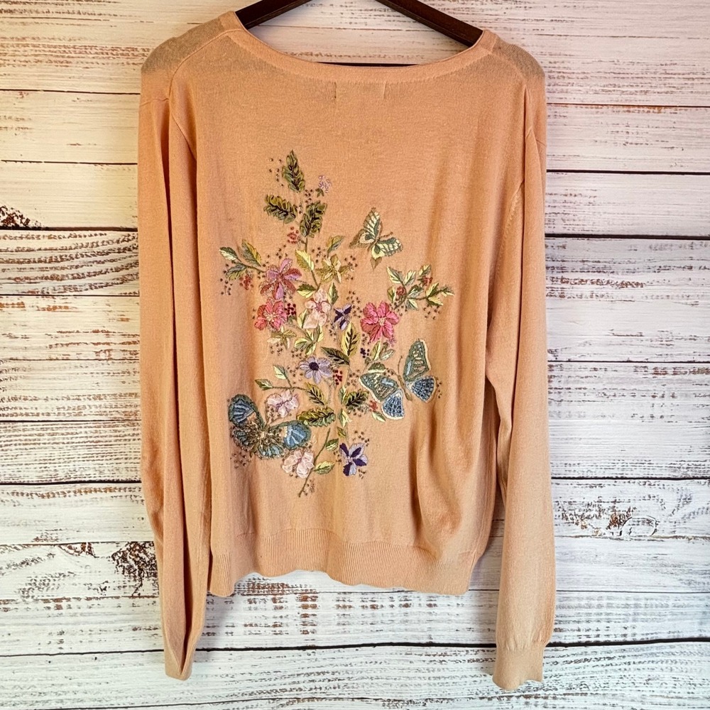 Vintage Embroidered Beaded Cardigan L Peach Ramie/Rayon 3D Ribbon Floral Whimsy - Picture 4 of 16